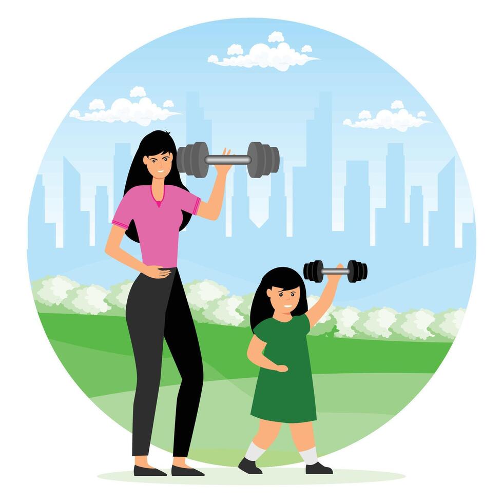 Mother and Daughter Exercising Together Outdoors Using Dumbbells in a Park Setting. vector