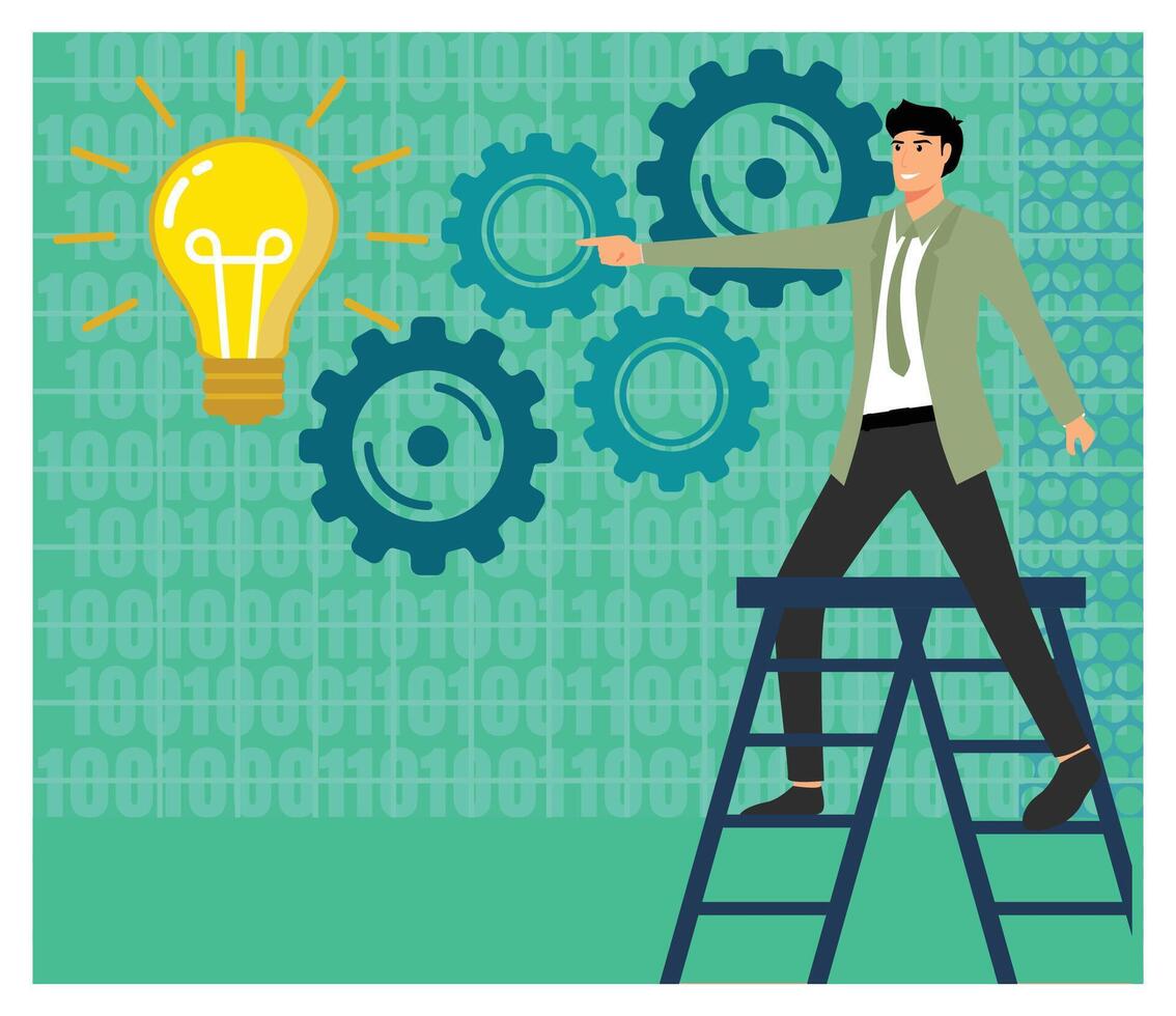 Men Working on Business Innovation and Technology Concepts with Gear and Light. vector