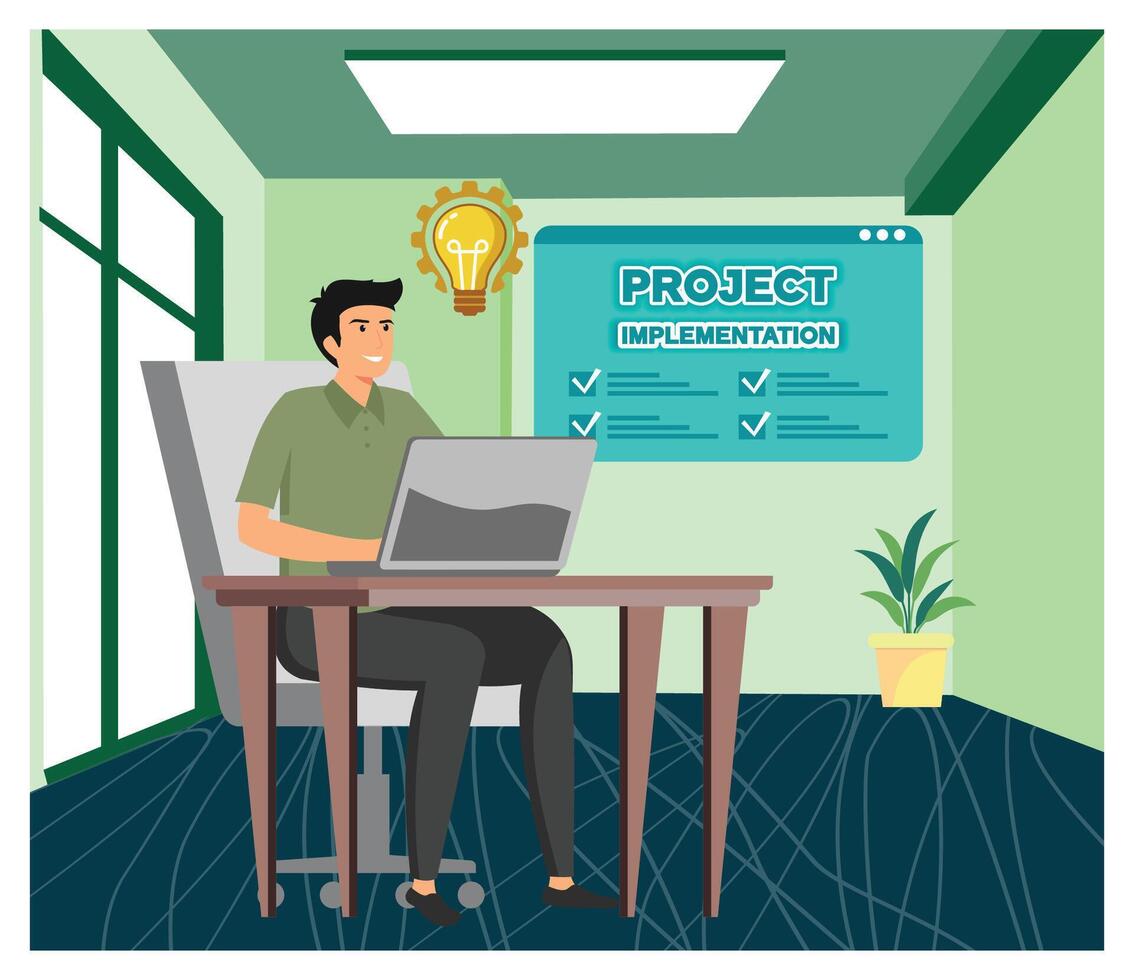 Office Professional Working on Project Implementation in a Modern Workspace. vector