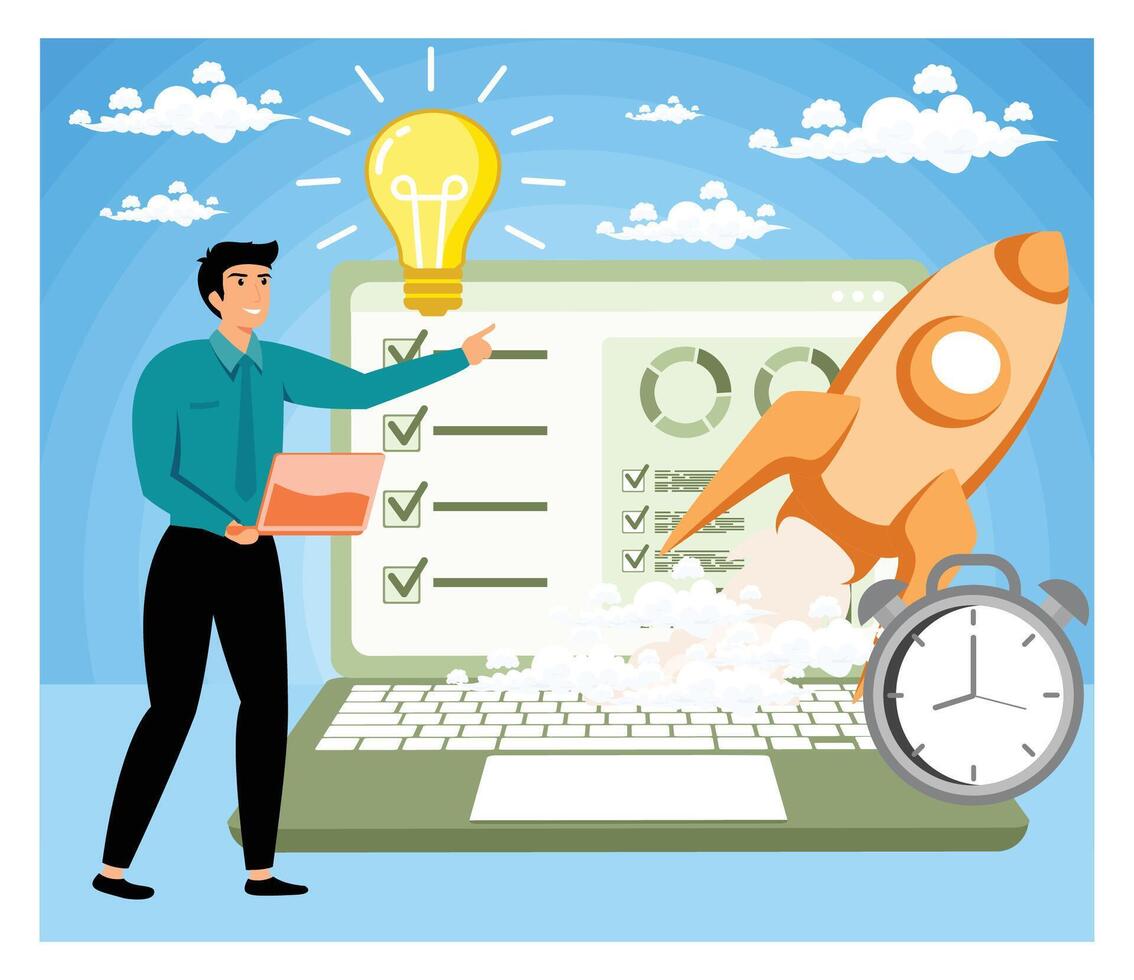 Business Innovation Concept with Rocket Launch and Growth Elements. vector