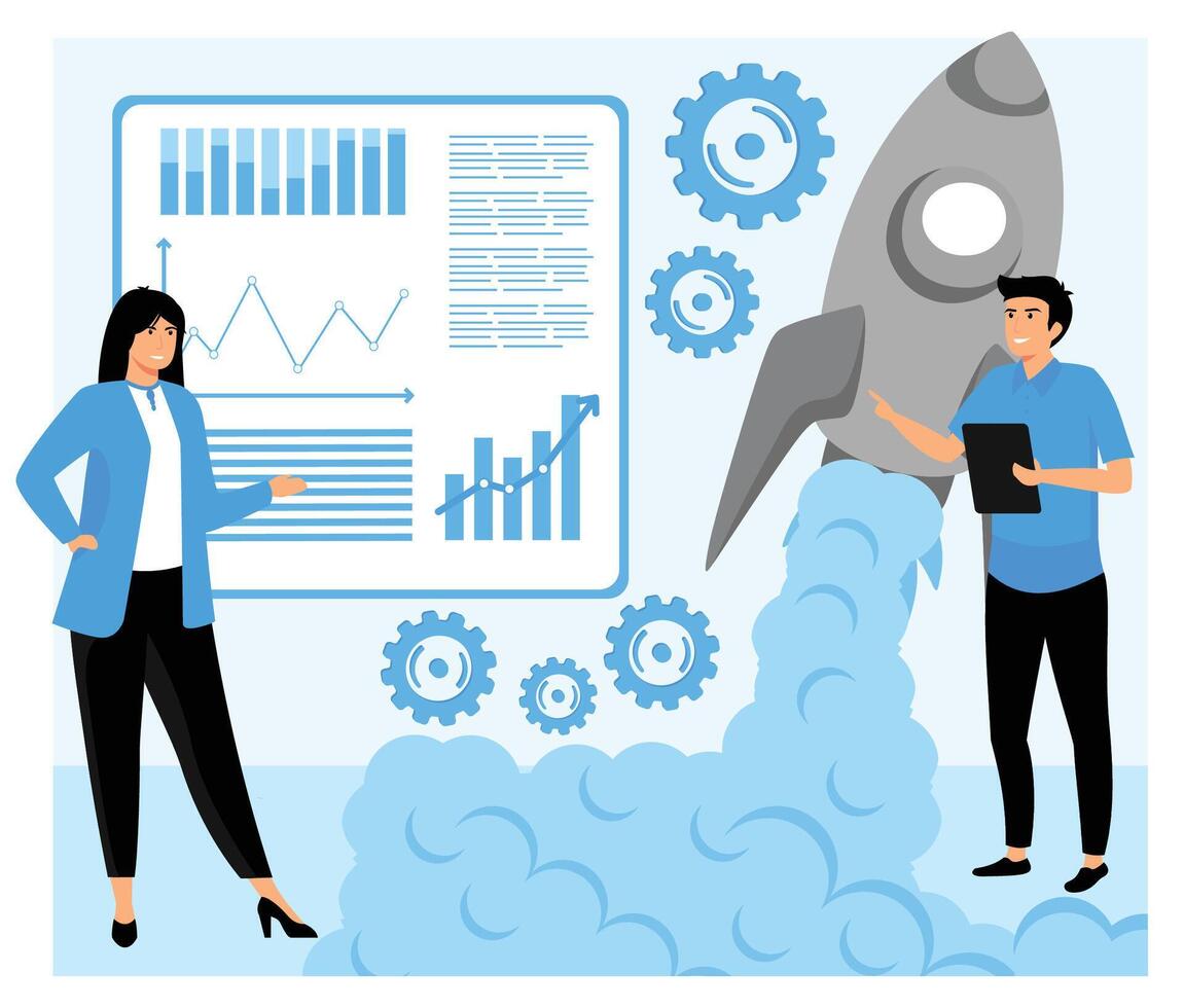 Business Professionals Presenting Growth Strategy With Rocket Launch. vector