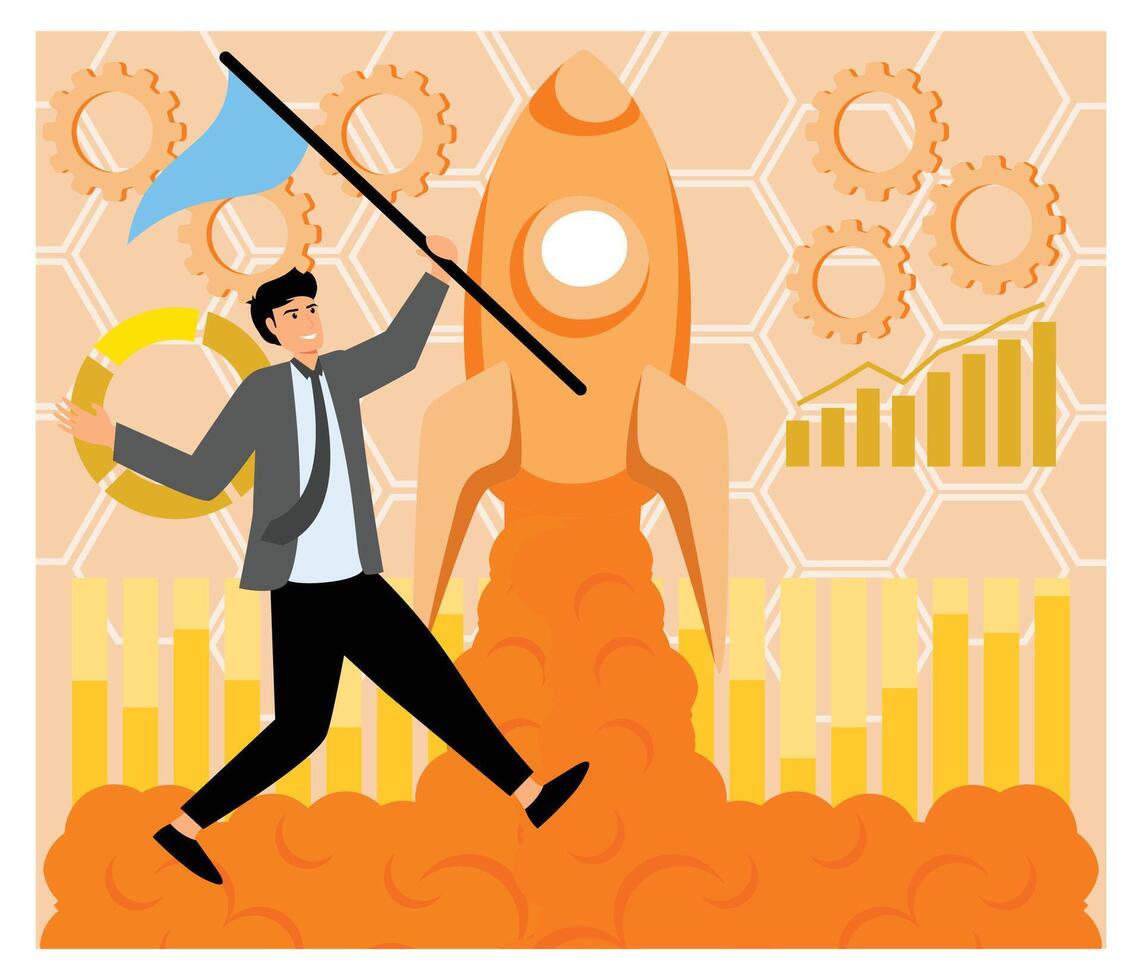 Business Success Concept Featuring a Rocket Launch and a Determined Businessman. vector