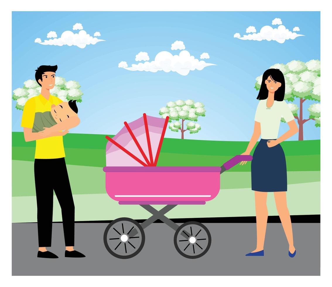 Parents with Baby and Stroller in a Sunny Outdoor Park. vector