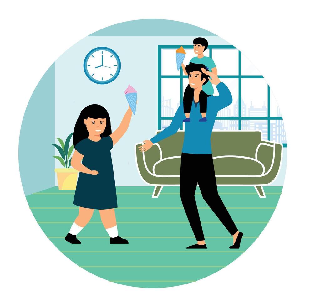 Happy Family Enjoying ice cream in a Comfortable Living Room Atmosphere. vector