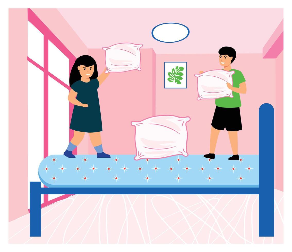 Children Playing on a Bed Having a Pillow Fight in a Pink Room. vector