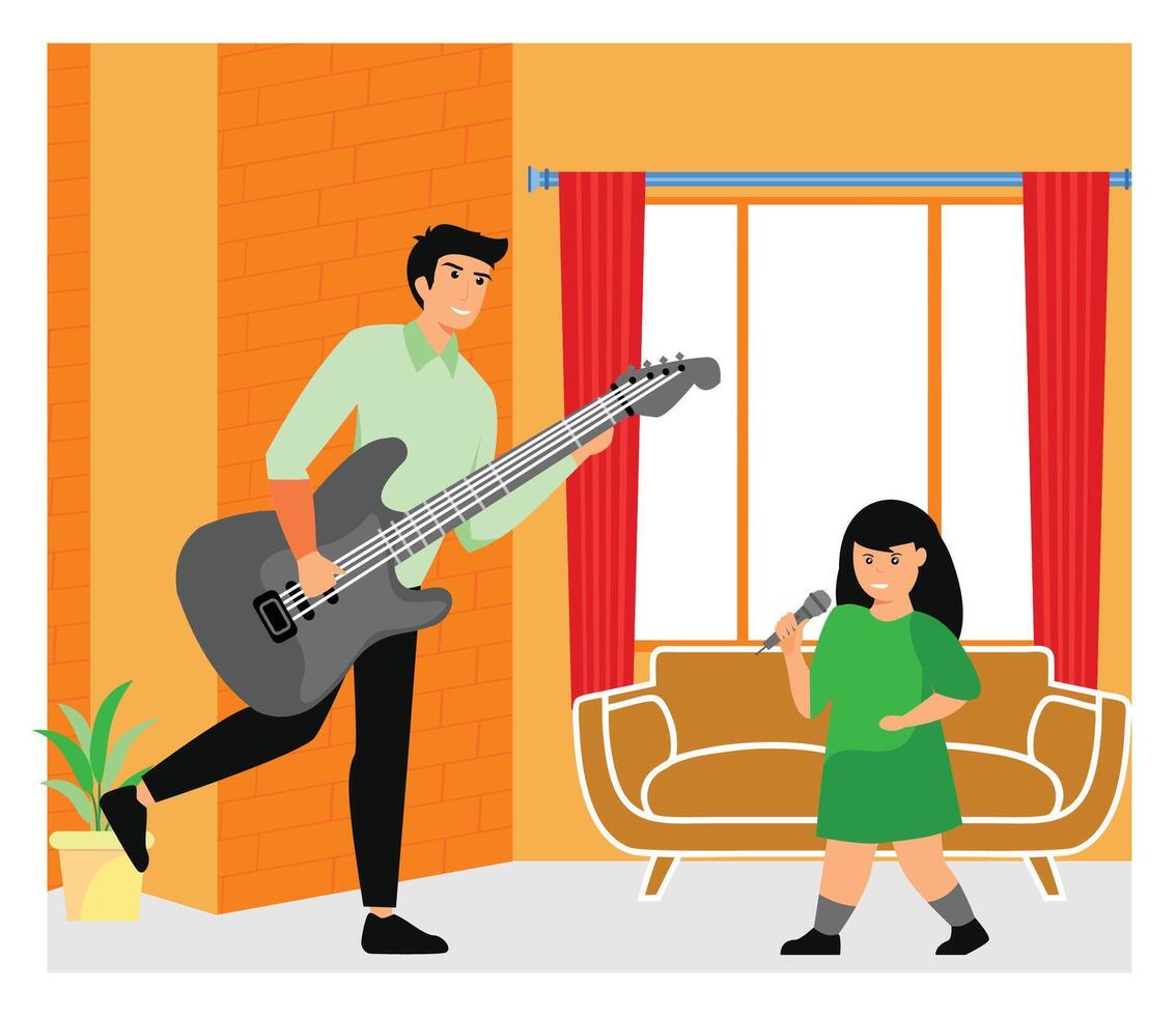 Father and Daughter Enjoying Music Together in a Cozy Living Room. vector