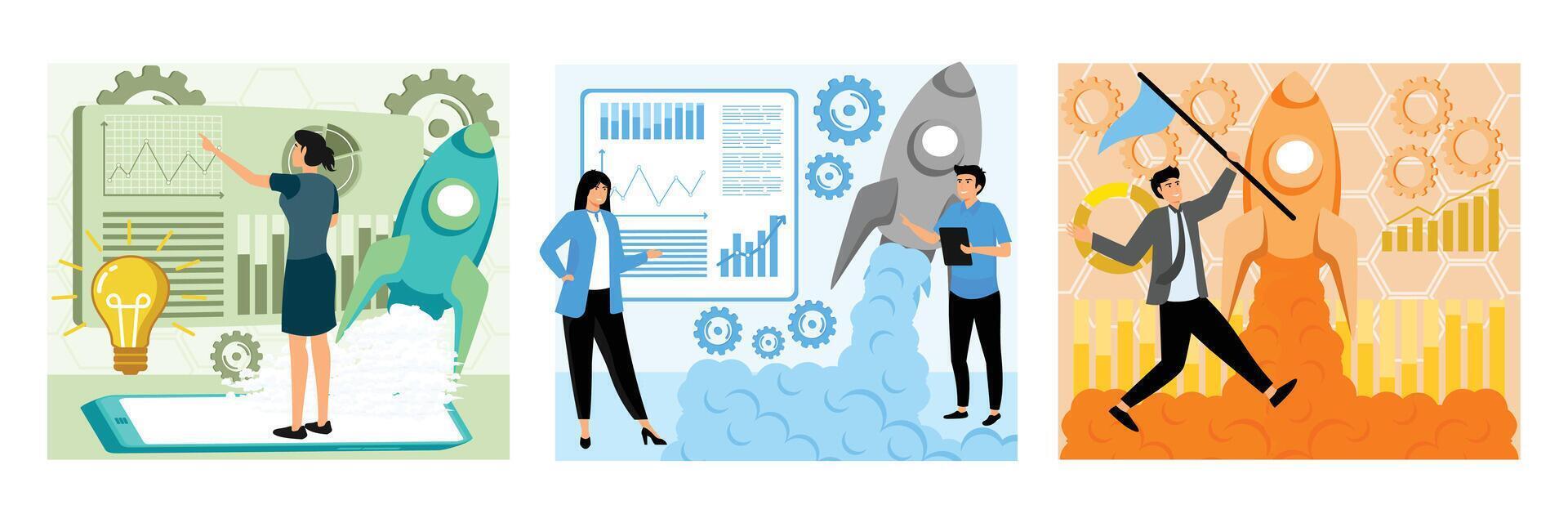 Businesswoman Analyzing Data. Growth Strategy With Rocket Launch. Determined Businessman. Set flat modern illustration vector