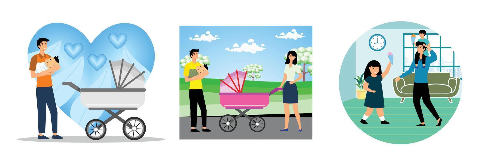 Happy Father Holding Baby. Parents with Baby and Stroller. Happy Family Enjoying ice cream. Set flat modern illustration vector