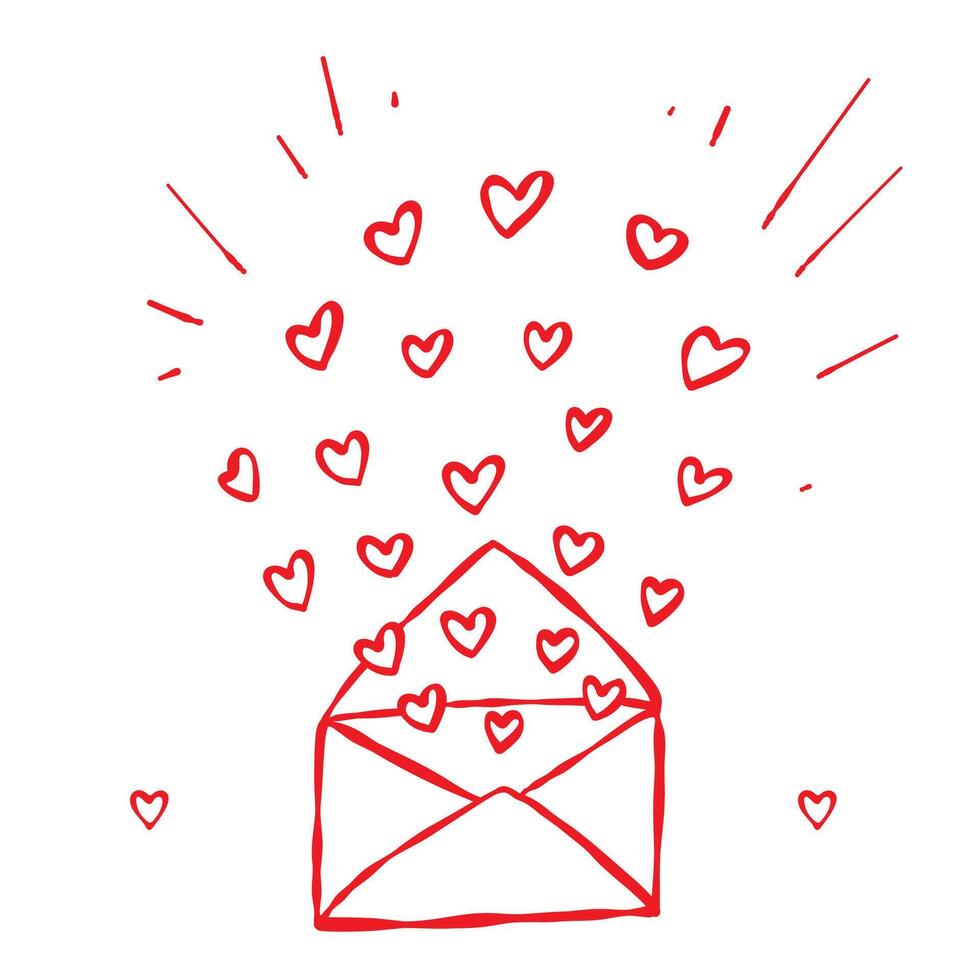 Hand-drawn doodle of an open envelope with little hearts flying out. Perfect for love-themed web and digital designs, Valentines Day, weddings, anniversaries, greeting cards, prints, invitations vector