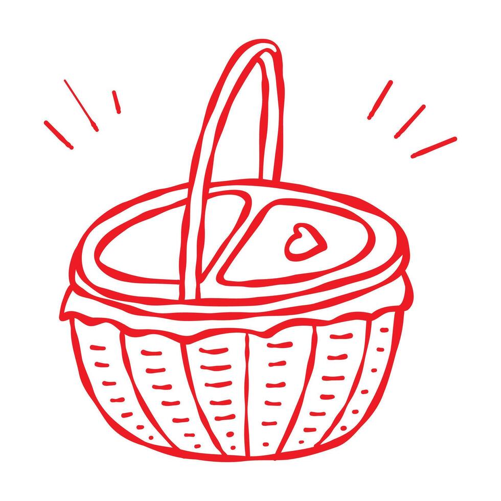 Love themed hand drawn picnic basket. Red line doodle contour isolated on a white background. Valentines Day, weddings, anniversaries, greeting cards, stickers, prints, web, decor vector