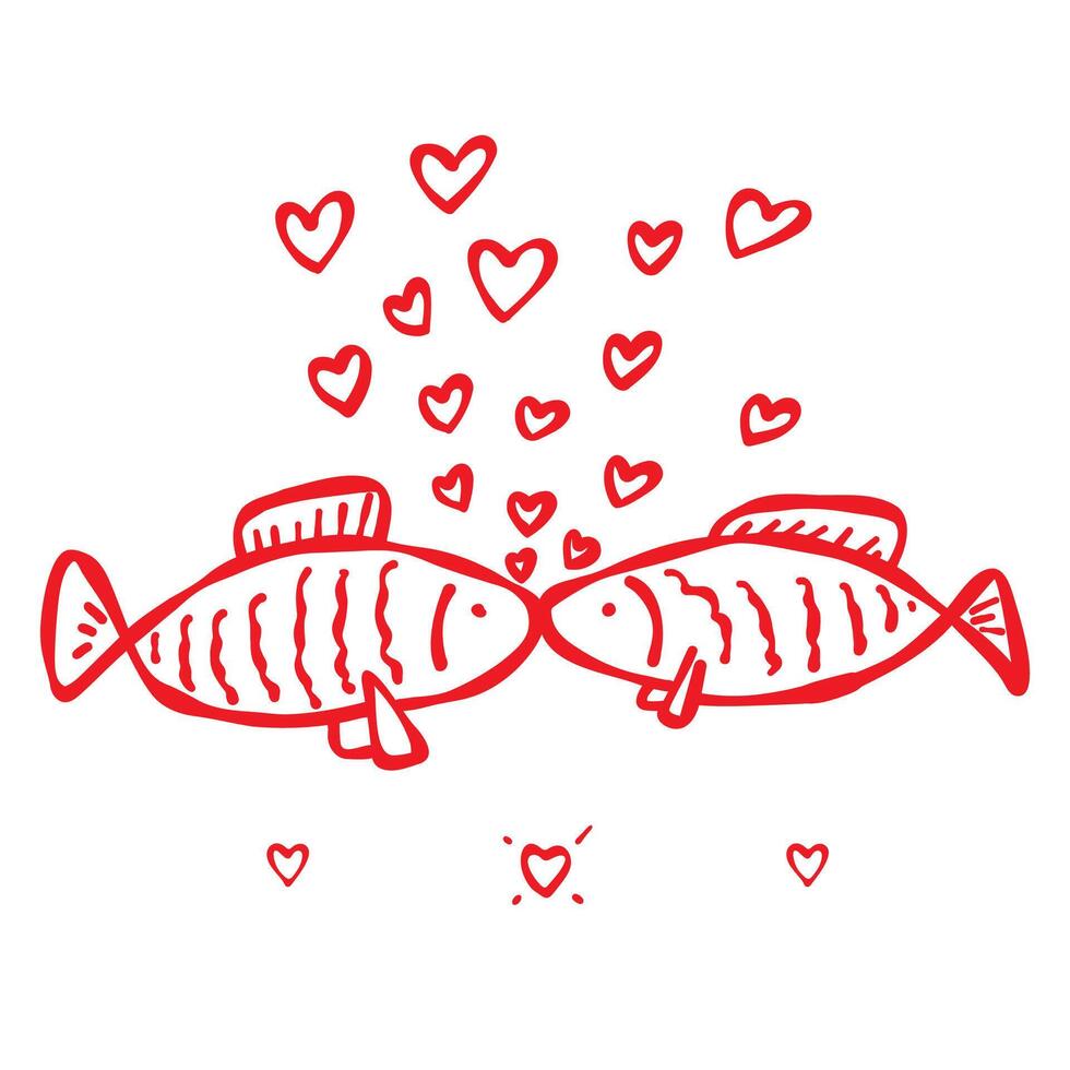Hand-drawn doodle icon of two kissing fish with hearts floating like bubbles. Love-themed web or digital designs, Valentines Day, weddings, anniversaries, greeting cards, prints, invitations, stickers vector