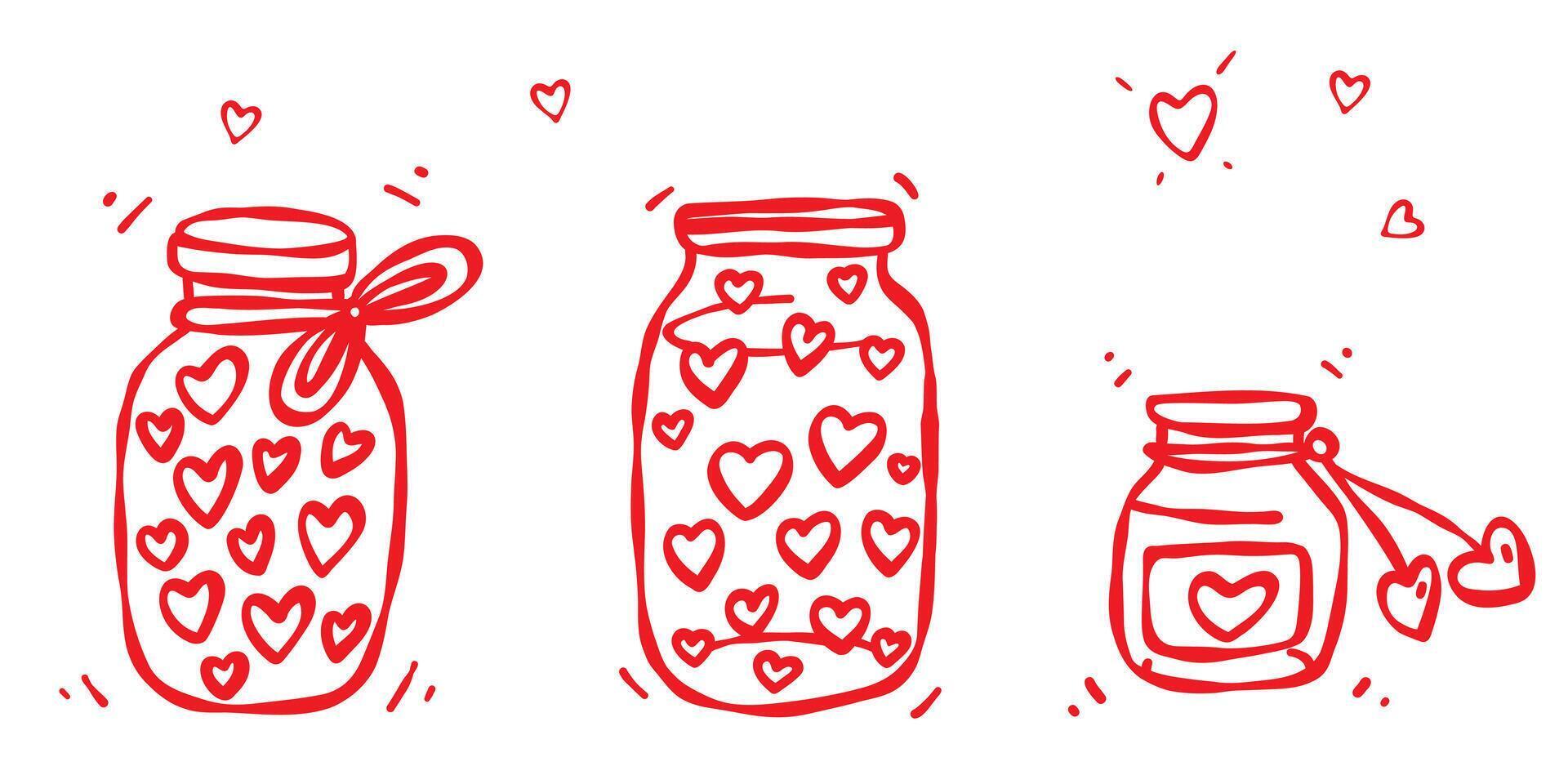Set of hand-drawn love themed jars filled with hearts. Red line doodle contour isolated on a white background. Valentines Day, weddings, anniversaries, greeting cards, stickers, prints, web, decor vector