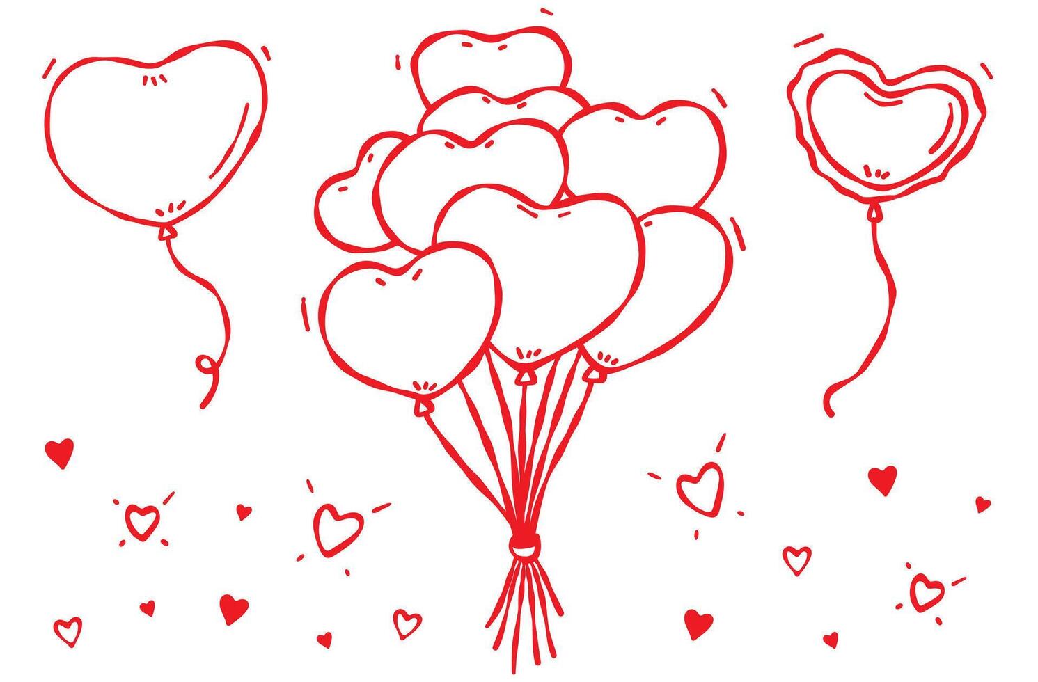 Heart shaped balloons set. A variety of hand drawn red balloons, doodle style. Isolated on a white background. Web, digital design, prints, cards, holiday decor, gifts for Valentine's, birthday party vector