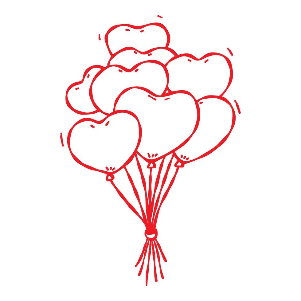 A bunch of heart shaped balloons, hand drawn doodle style illustration. Red elements isolated on a white background. Web, digital design, prints, cards, holiday decor, gifts for Valentine's, birthday vector