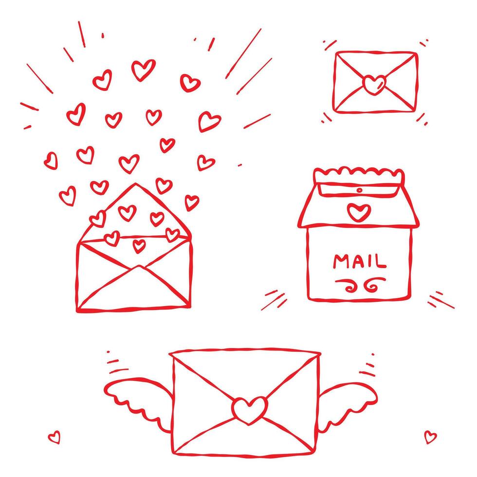 Doodle hand-drawn set of love letters and a mailbox. Perfect for love-themed web and digital designs, Valentines Day, weddings, anniversaries, greeting cards, prints, invitations, stickers vector