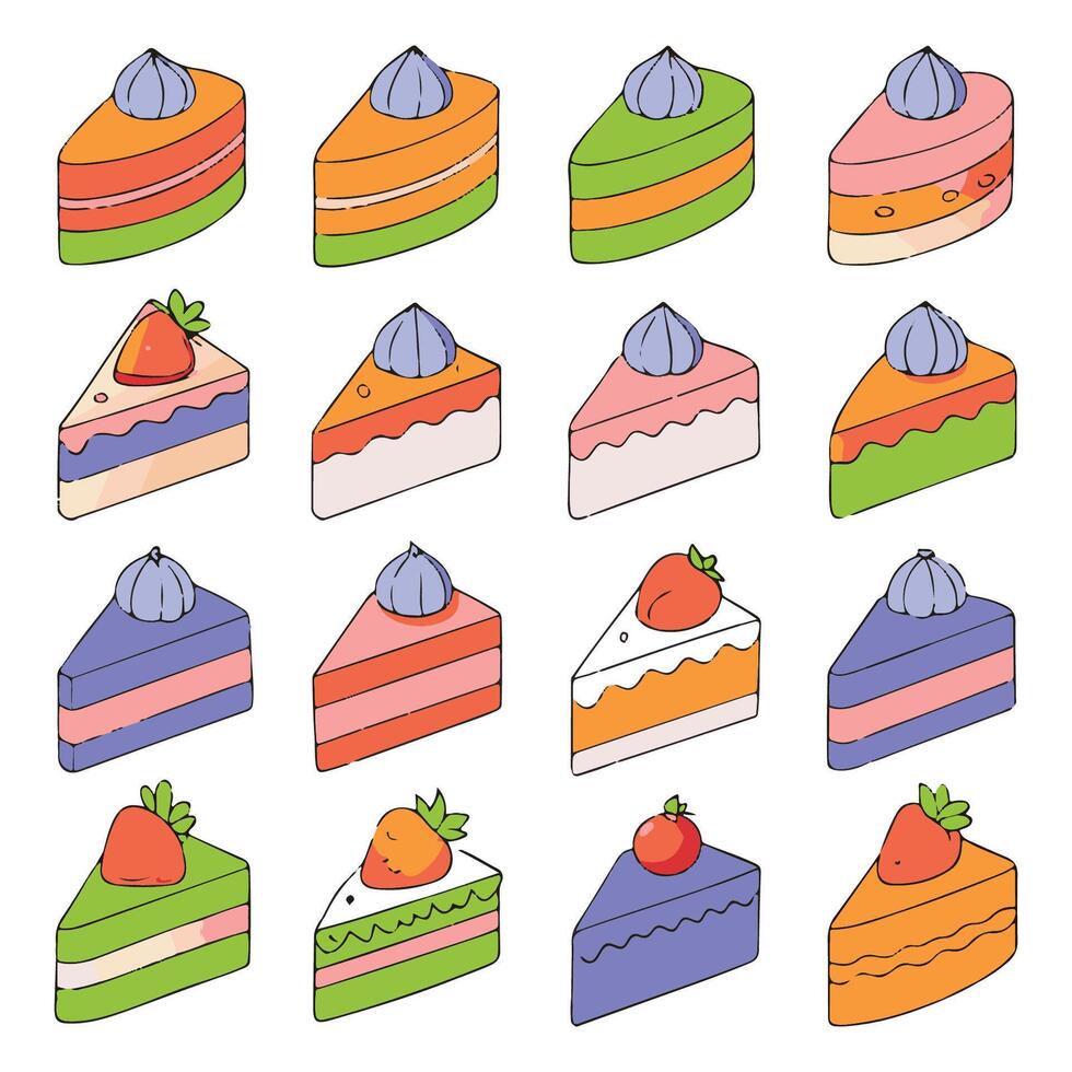 Set of colorful slices cake with cream and strawberry art illustration vector
