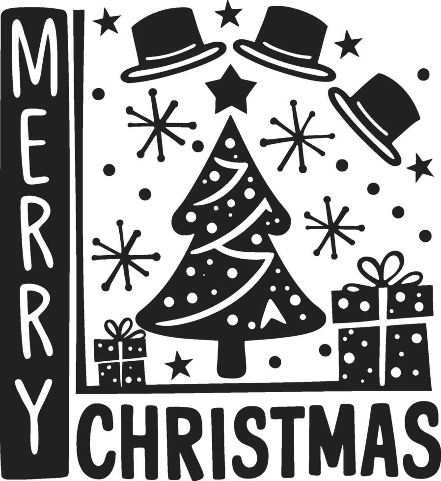 Illustration of a Christmas tree with a vintage style decoration, featuring hats and stars, with the greeting Merry Christmas vector
