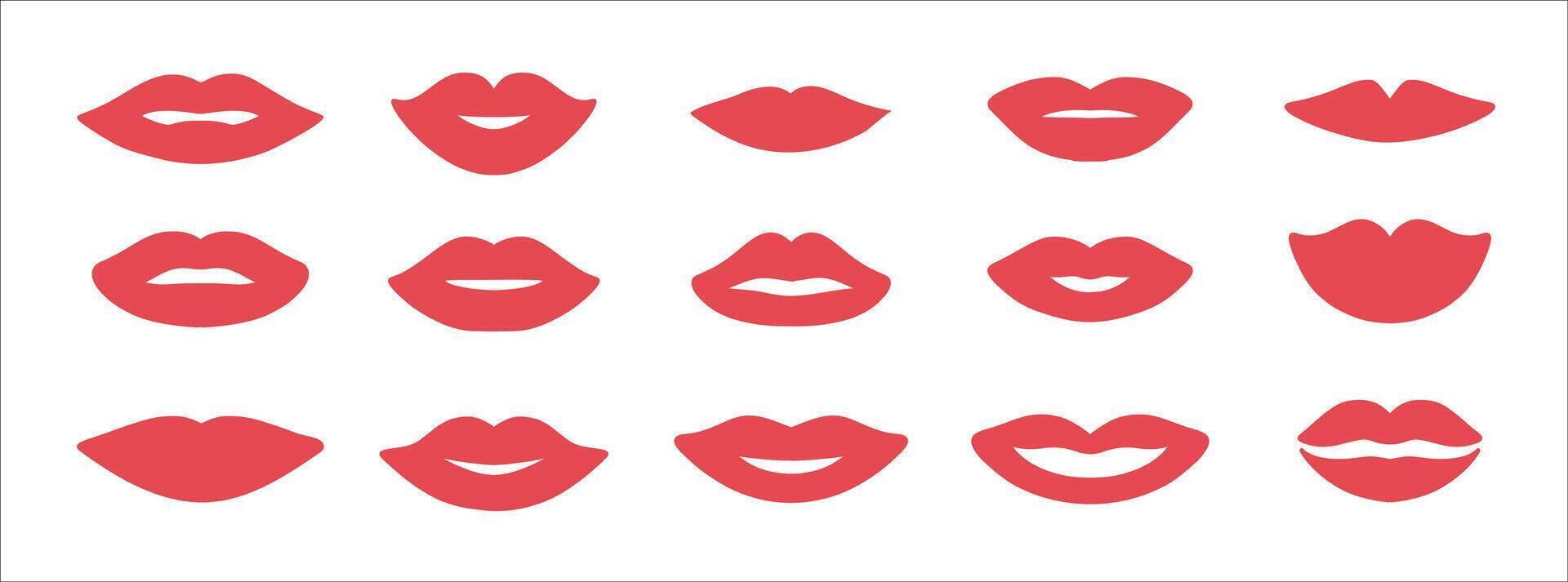 Big set of women s lips icons isolated on white. Female lips red lipstick. Template Palette Cosmetic. vector