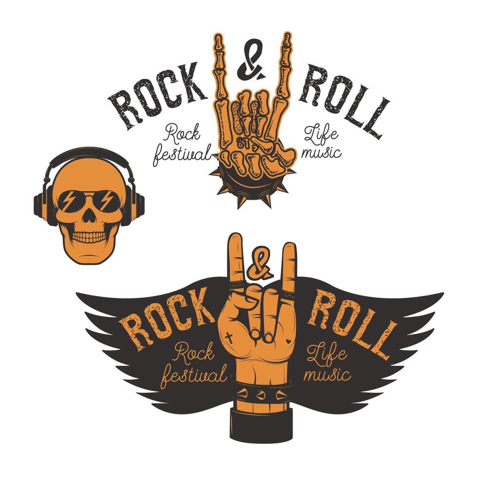 Set of the human hands with Rock and roll sign and wings. Rock and roll festival. Design elements for poster, emblem. illustration. vector