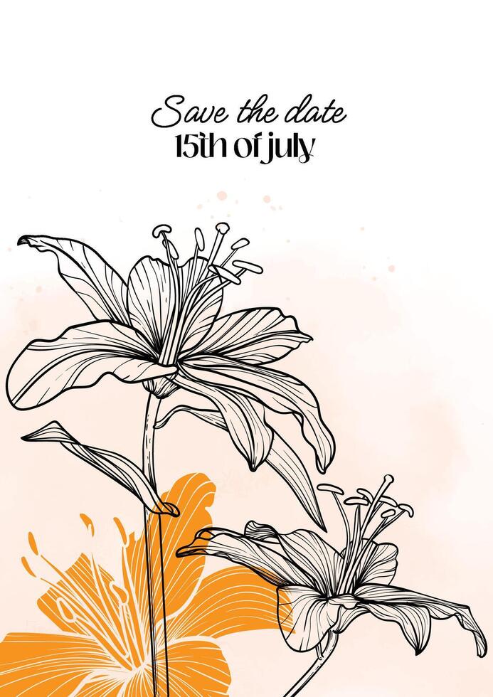 Save the date Tiger Lily line art A4 format. Elegant design in black and orange over white background with hand drawn tiger lily flowers. design easy to edit ready to be used. vector