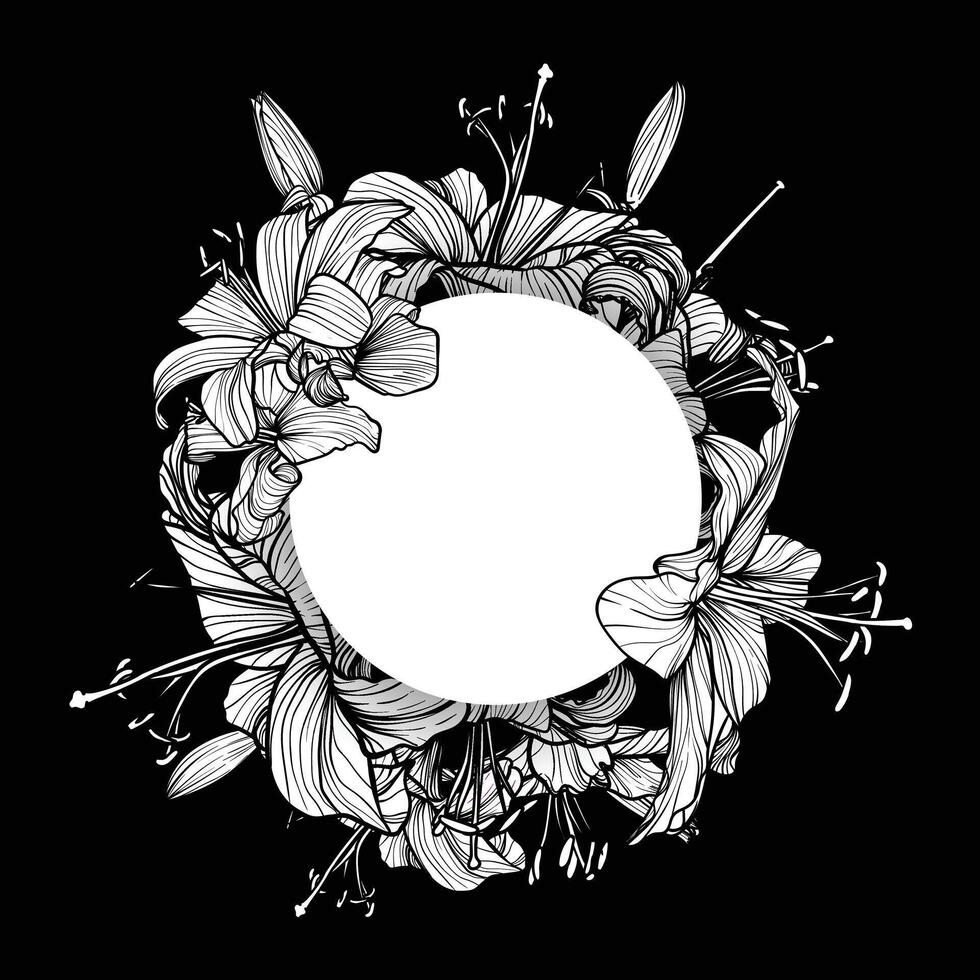 Hand drawn line art tiger lilies on black background. Outline summer flowers grouped under a white circle on a white background. vector
