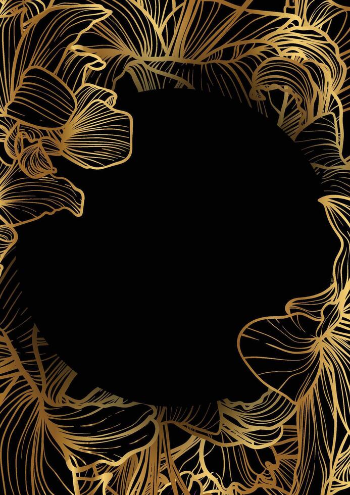 Hand drawn line art golden tiger lilies. Outline summer flowers grouped under a black circle on a black background. Luxurious elegant A4 design for print or online projects. vector