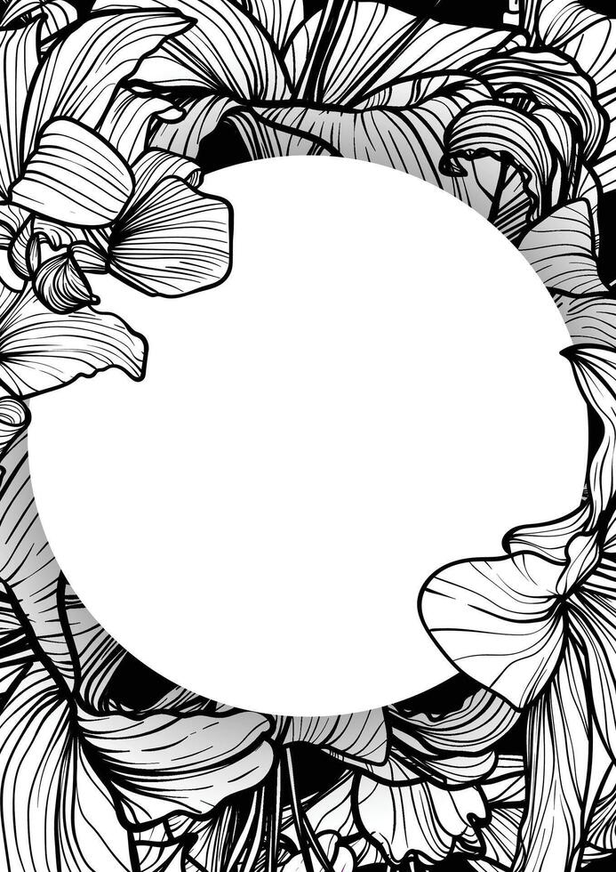 Hand drawn line art black tiger lilies. Outline summer flowers grouped under a white circle on a white background. Luxurious elegant A4 design for print or online projects. vector