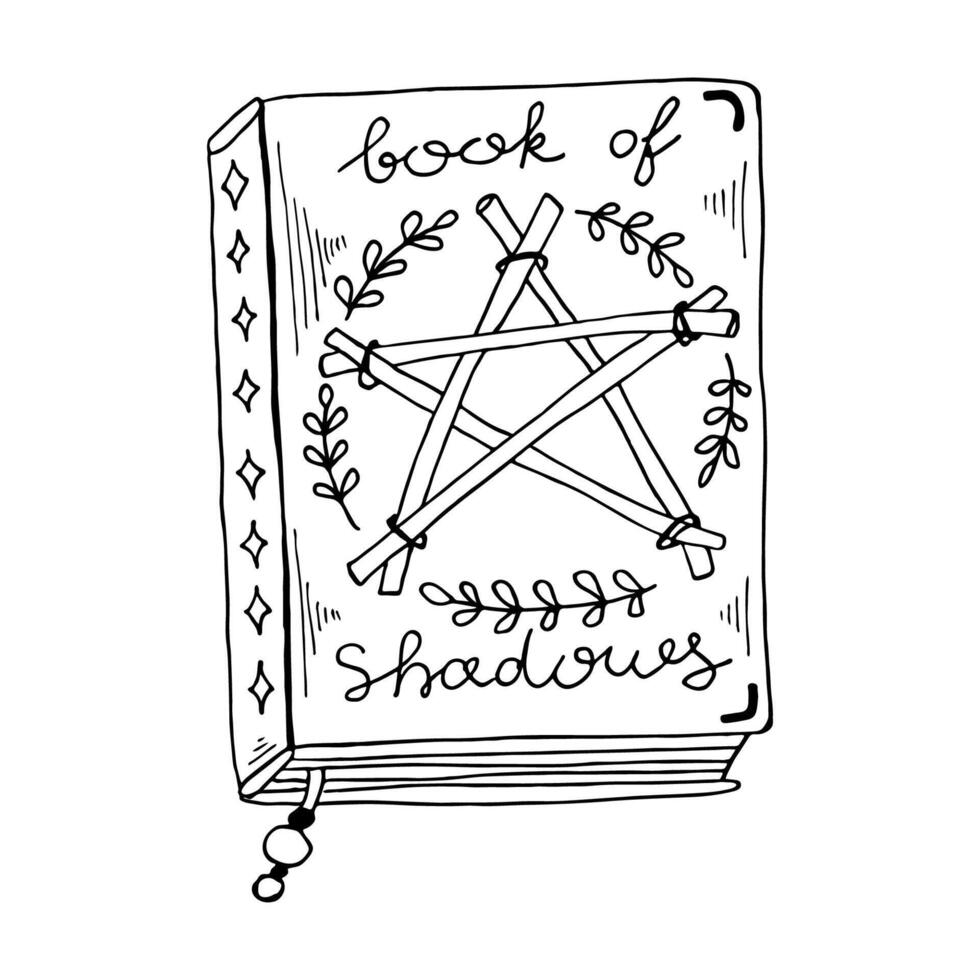 Black outline witches book of shadows line art. Hand drawing modern witchcraft illustration. vector