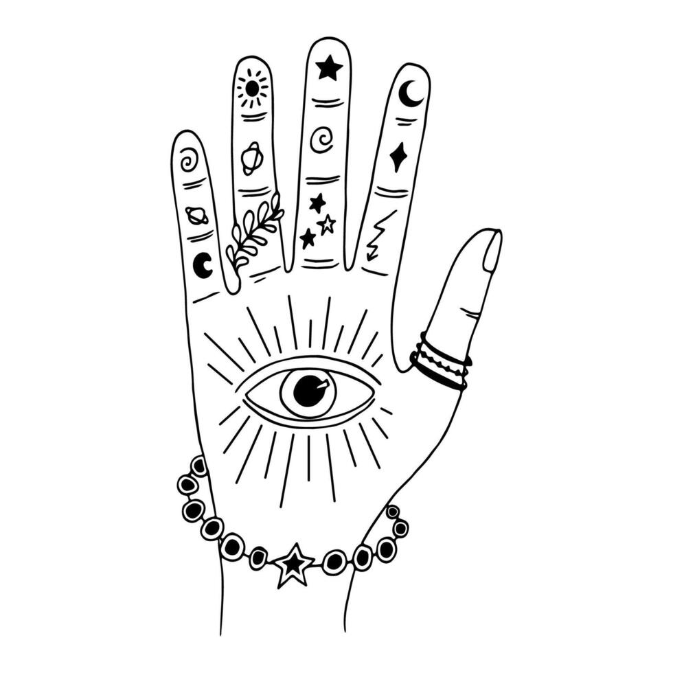 Witches hand with bracelet black outline line art. Hand drawing modern witchcraft illustration. vector