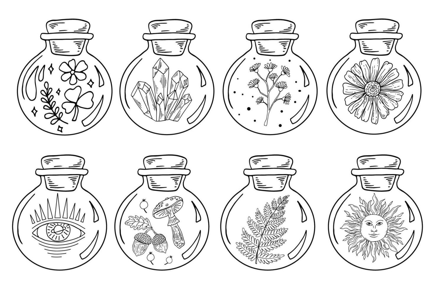 Circle jars set with witchcraft symbols. Flowers, crystal, fern, sun and leaves in bottles line art. vector