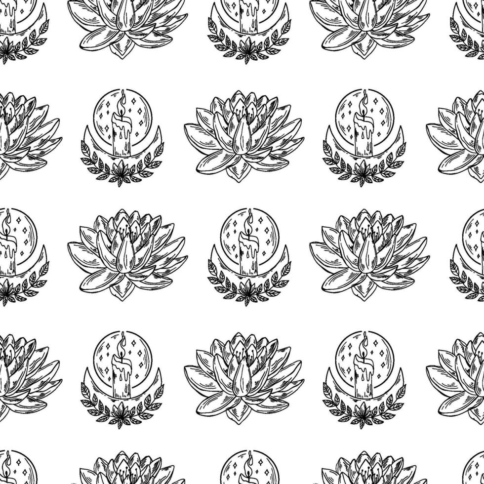 Lotus flower and candles seamless pattern. Modern witchcrafts black outline illustration. vector
