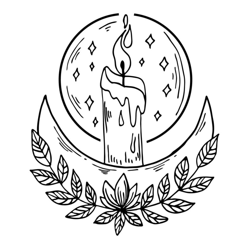 Moon with candle, fire, lotus flower and leaves - witchy line art. Black outline modern witchcraft illustration. vector