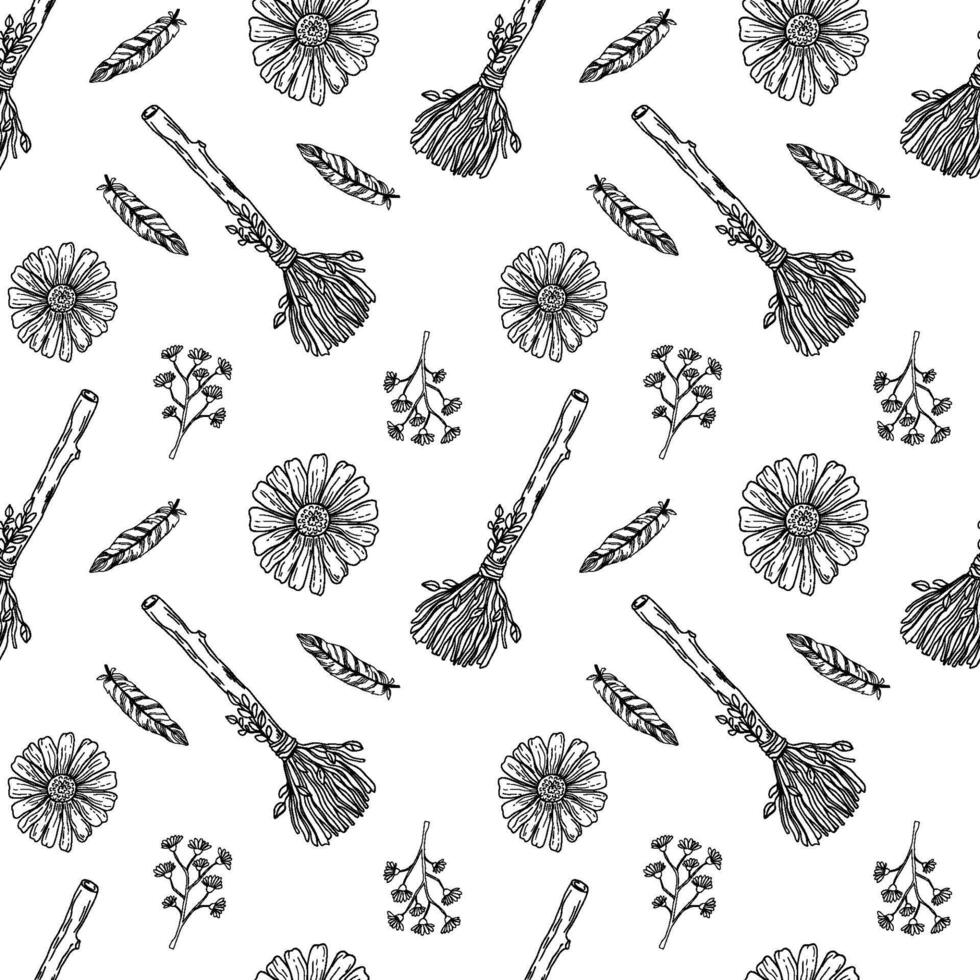 Witchcrafts seamless pattern with broom, feathers and flowers - line art background. vector