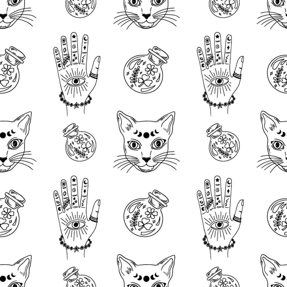 Witchy cat and hand with rings seamless pattern. Modern witchcrafts black outline illustration. vector