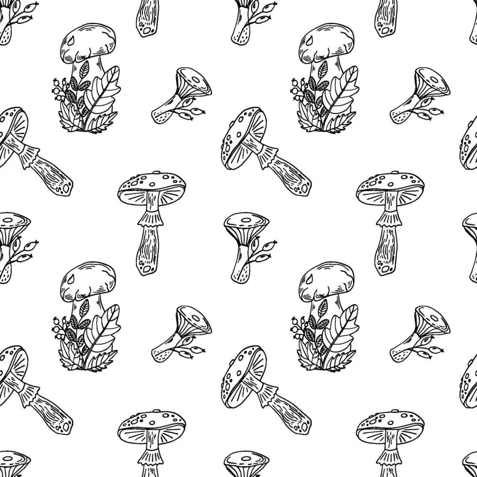 Mushrooms and floral seamless pattern. Modern botanical line art. Black outline illustration. vector