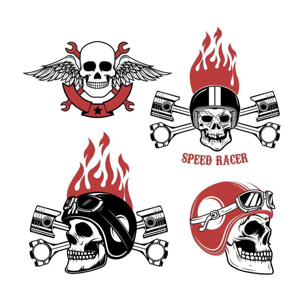 Speed racer. Born to ride. Set of emblems with human skulls in racing helmets. vector