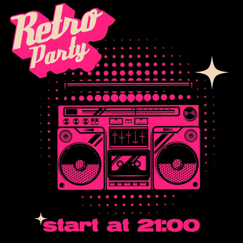Retro party poster template with boombox on grunge background. Design elements for poster, flyer. illustration. vector