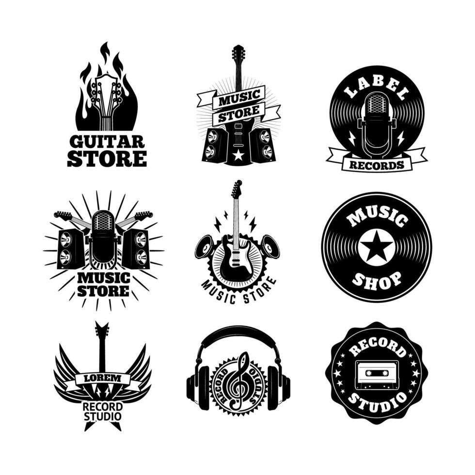 Set of the music shop labels. Design elements for logo, label, emblem, sign. vector