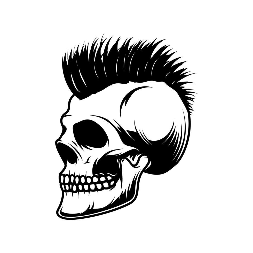 skull with mohawk hairstyle isolated on white background. Skulls with hair. vector