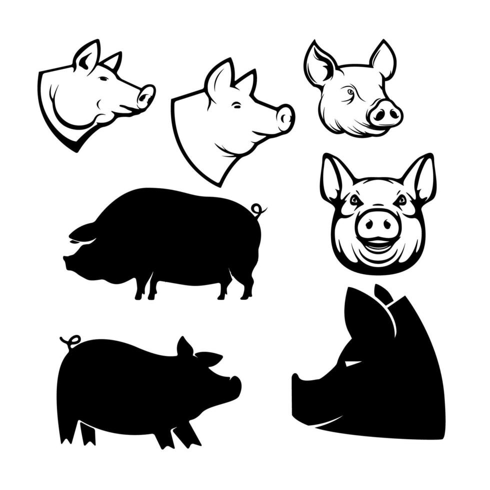Set of Pork labels. Pig silhouettes and heads. Design elements for logo, label, emblem, sign, brand mark. illustration. vector