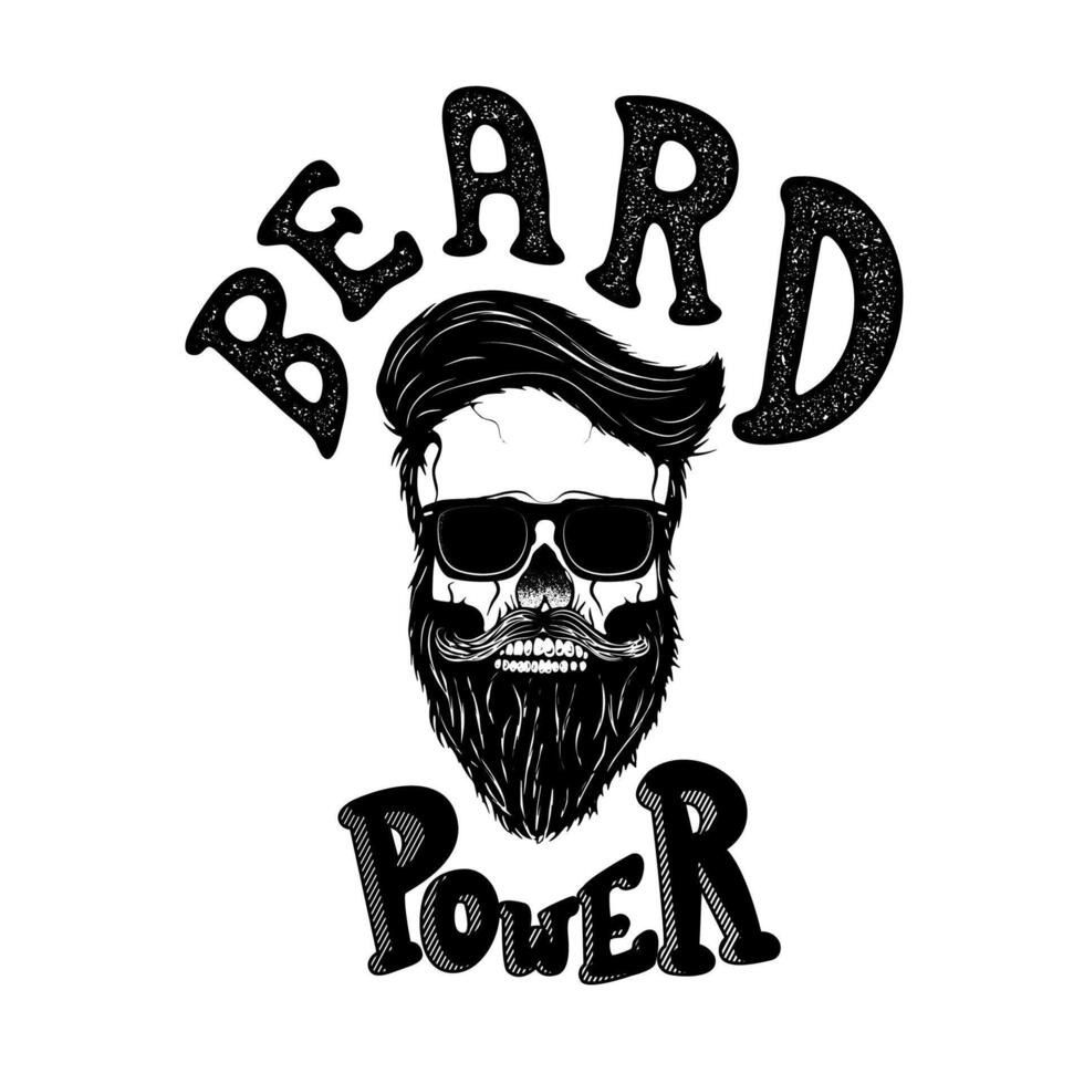 Beard power. Human skull with beard in sun glasses. T-shirt print design template. illustration. vector