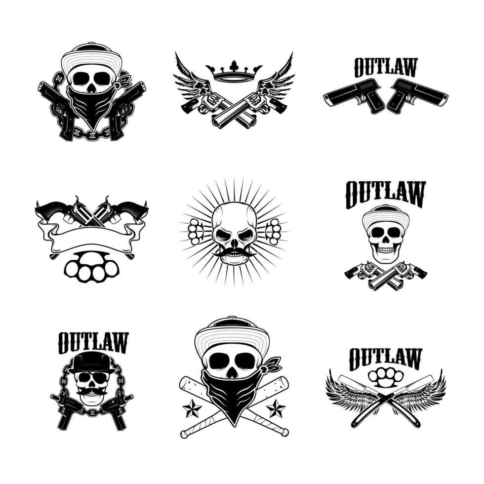 Set of gangsta skulls isolated on white background. outlaw. Wings with weapon. Design element for t-shirt print, poster, sticker. vector