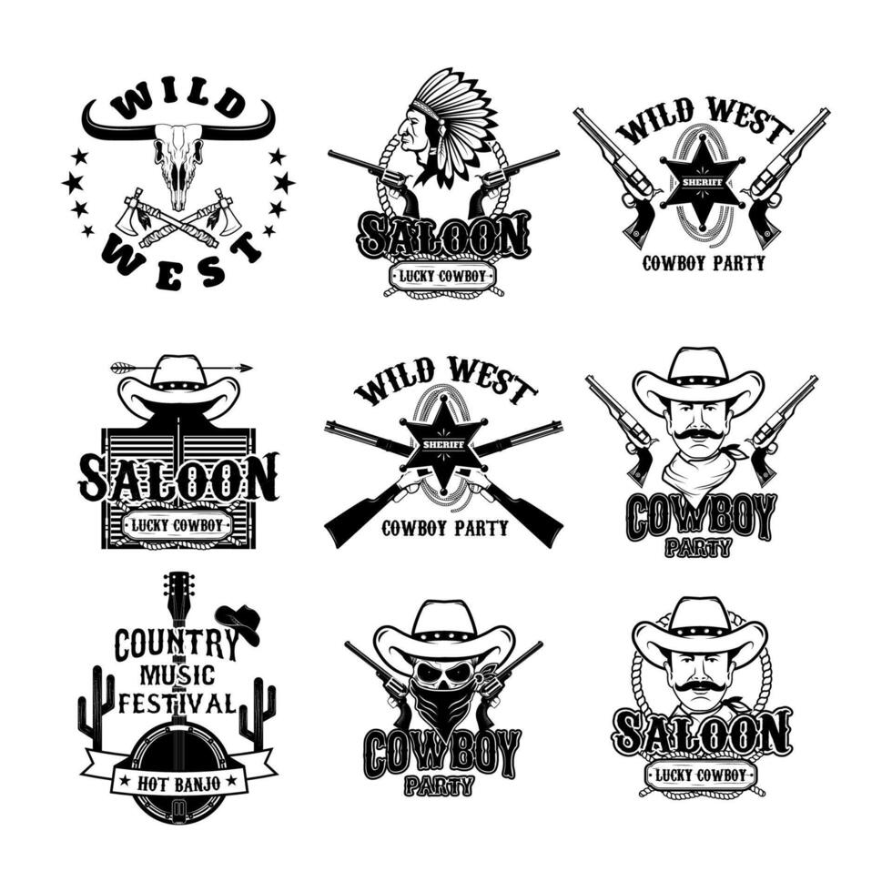 Set of cowboy, rodeo, wild west monochrome labels and badges isolated on white background. vector