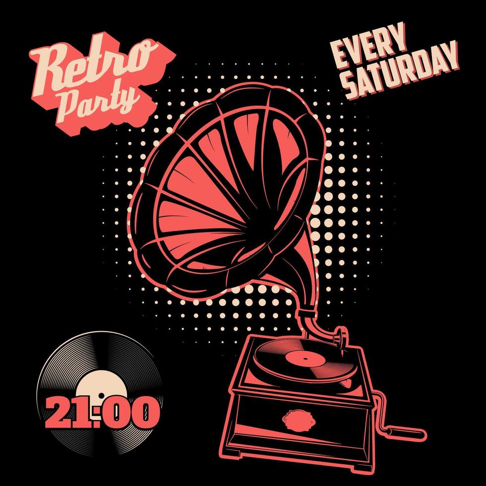 Retro party vintage poster template. Vintage style gramophone on grunge background. vector