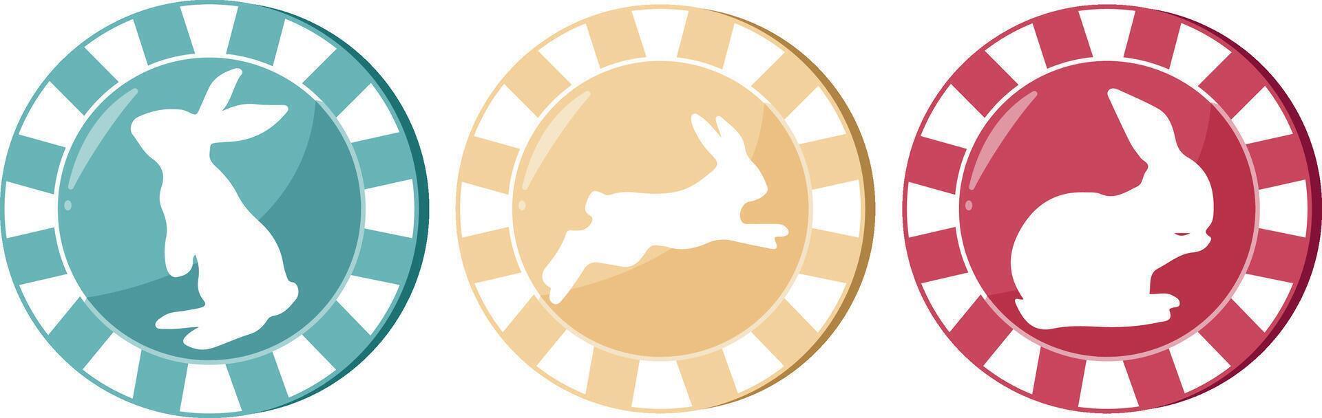 set of icons of colorful poker chips for Easter with prints, shadow of Easter rabbits in different poses vector