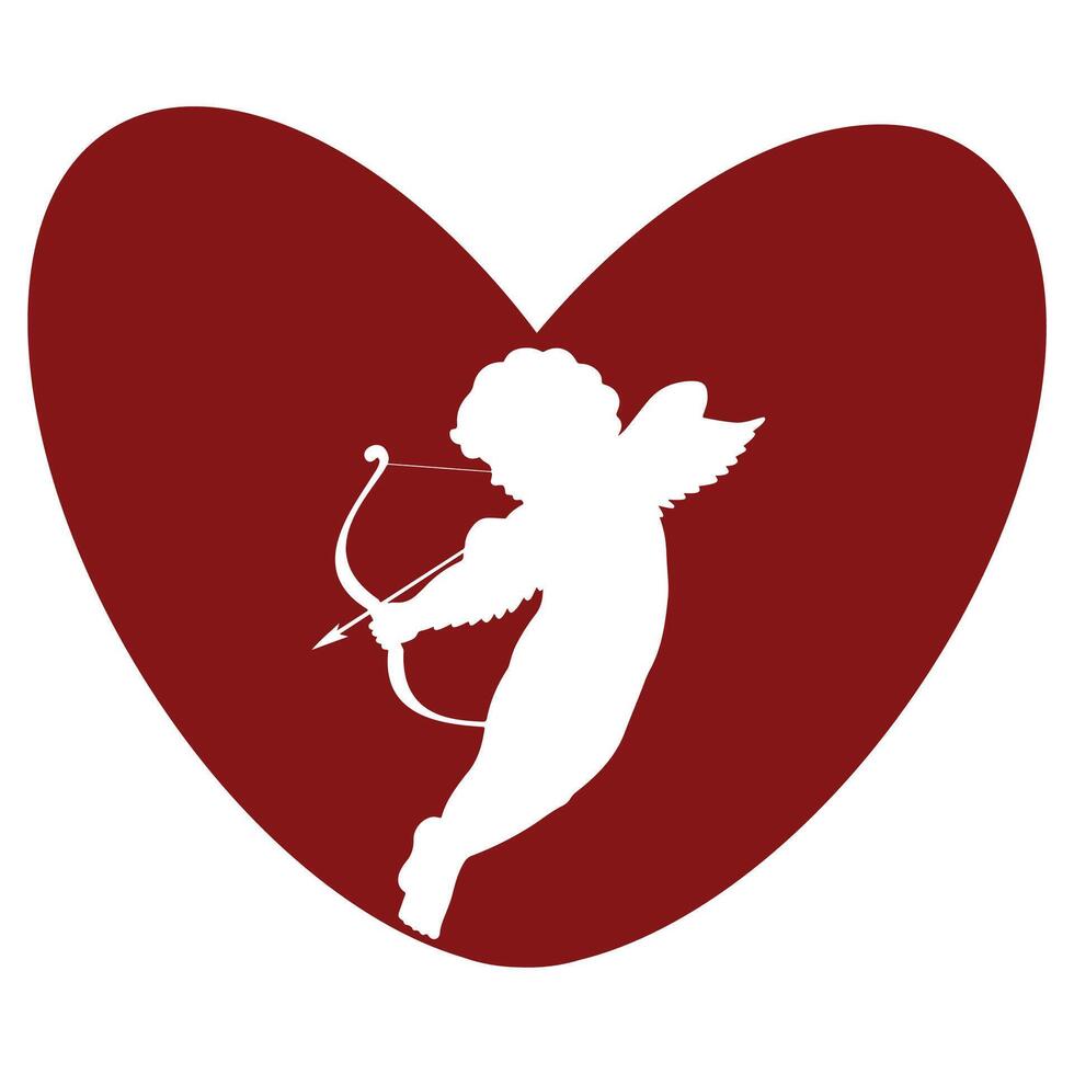 simple red heart icon with cupid shadow holding cupid's bow and arrows, valentines day design vector