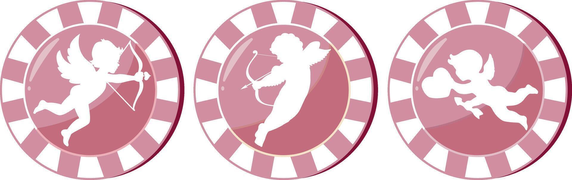 set of pink poker chips with a design for St. Valentine's Day, namely prints of cupids holding a crossbow and cupid's arrow vector
