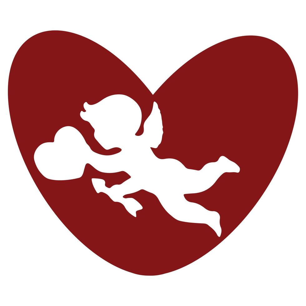 simple red heart icon with shadow of cupid holding small heart and arrow, design for valentine's day vector