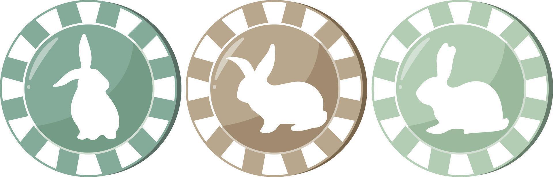 set of icons of colorful poker chips for Easter with prints, shadow of Easter rabbits in different poses with big ears vector