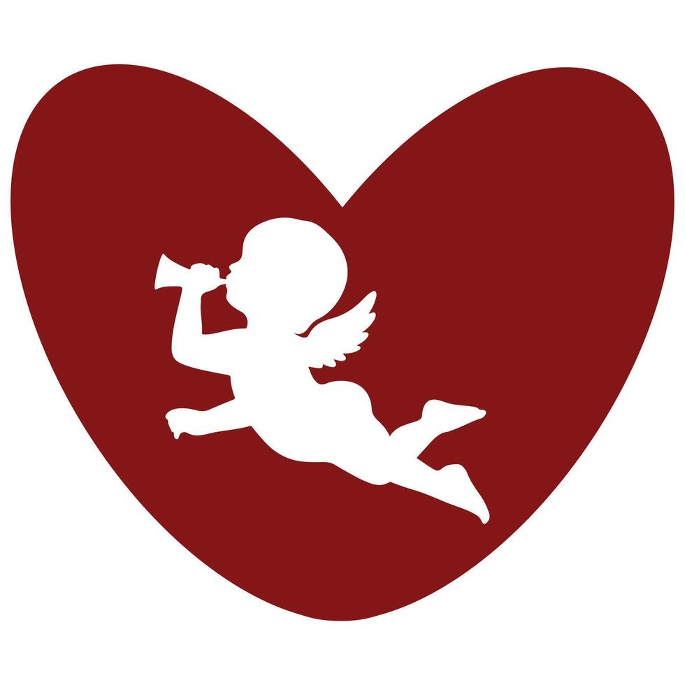 red heart simple icon with angel shadow with flute and big wings, valentine's day design vector